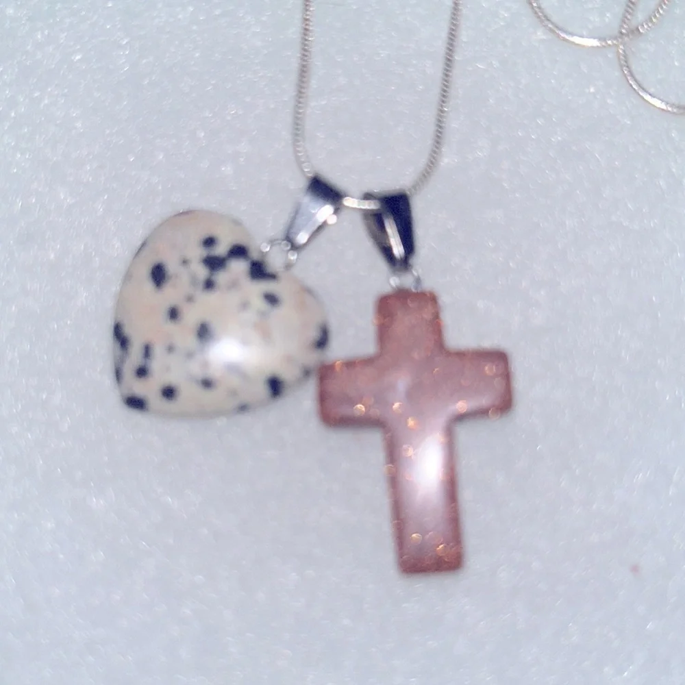 Boho Hippie Tigers Eye Cross Dalmatian Jasper Heart Sterling Silver Necklace 24”